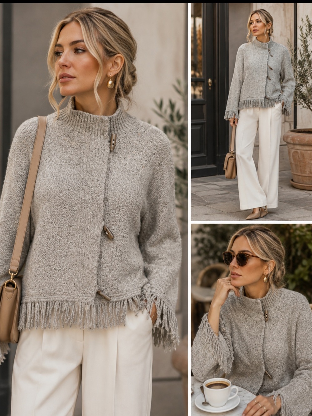 Ruby Rd  L Boho Poncho Cardigan Oatmeal Fringe Toggle Lagenlook Sweater VINTAGE - Picture 2 of 14